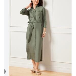 Talbots Green Linen Midi Shirt Dress Sz XL